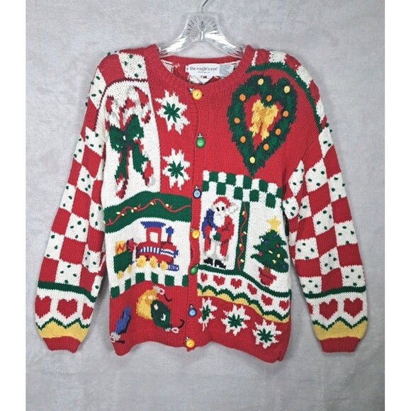 VTG 90's Eagles Eye Hand-Knit Christmas Cardigan Sweater Med Santa Ugly Party - Picture 3 of 13